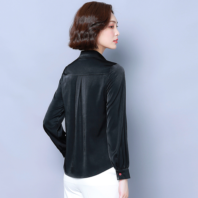 Embroidered long sleeve tops real silk black shirt