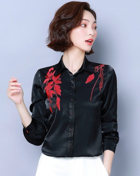 Embroidered long sleeve tops real silk black shirt