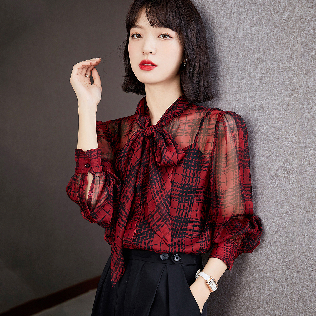 Autumn bow tops long sleeve chiffon shirt for women