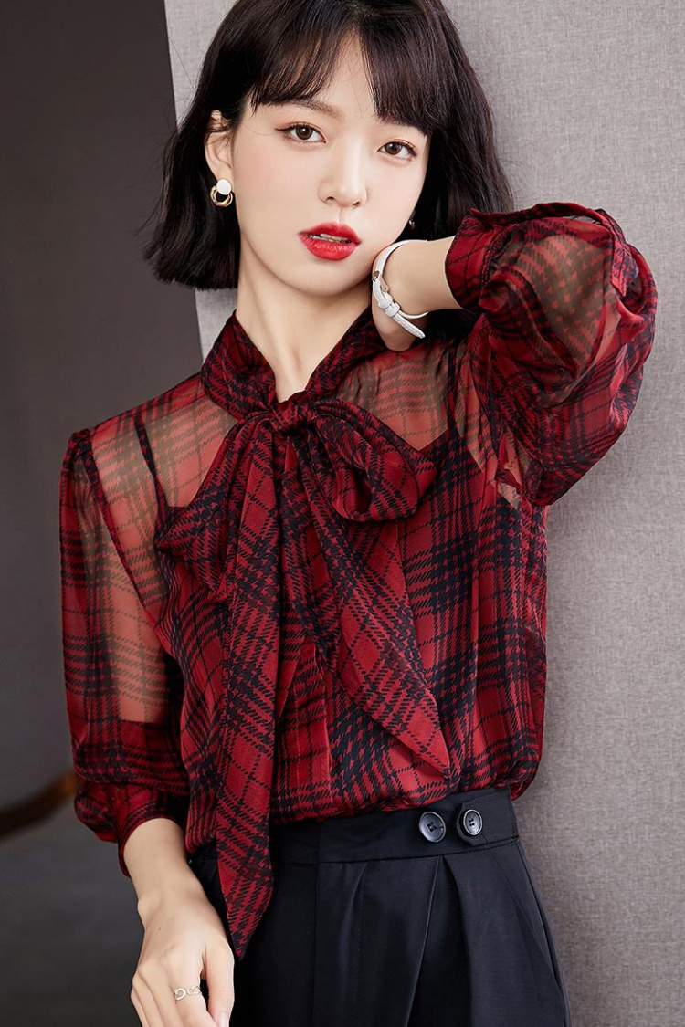Autumn bow tops long sleeve chiffon shirt for women