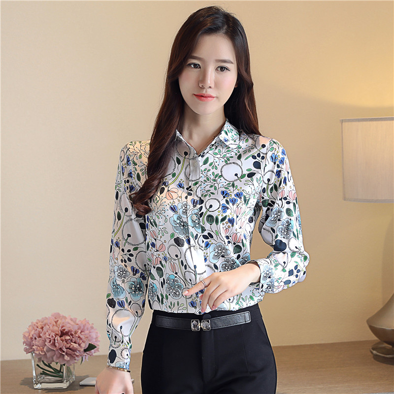 Silk slim printing shirt long sleeve temperament tops for women