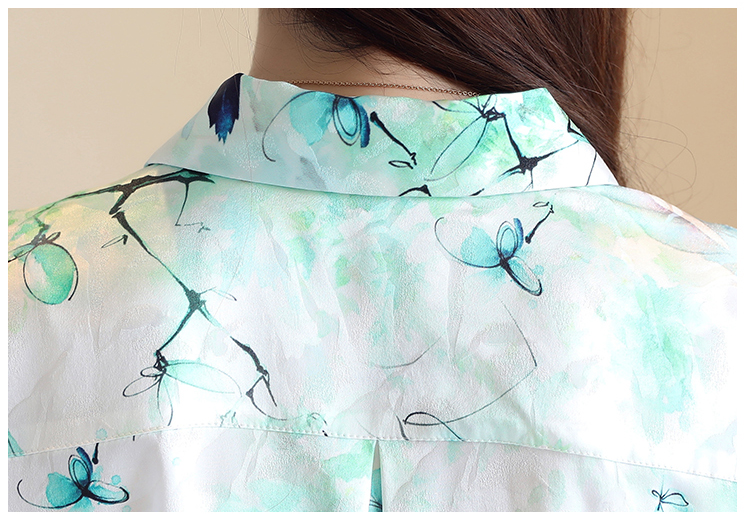 All-match silk tops floral slim shirt for women