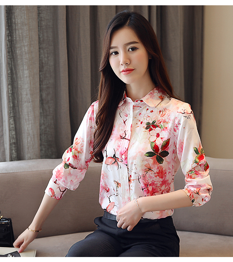 All-match silk tops floral slim shirt for women