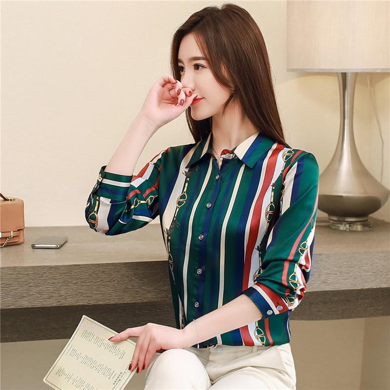 Stripe temperament tops fashion satin shirt for women