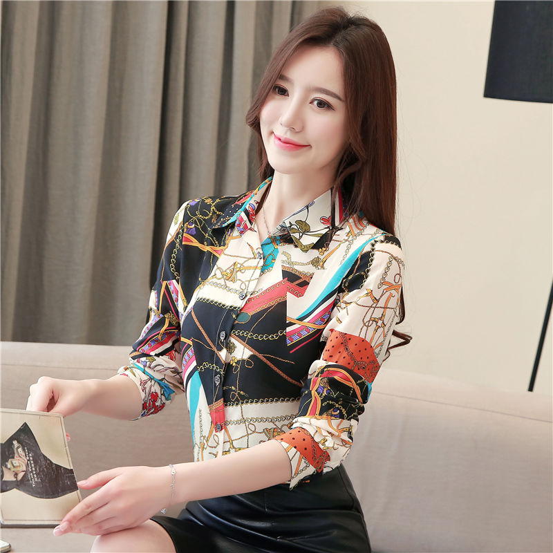 Long sleeve lapel tops autumn silk shirt for women