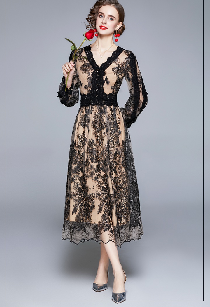 Lace sequins long sleeve long dress slim gauze V-neck dress