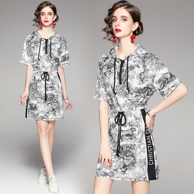 Printing hooded Casual fashion European style dress