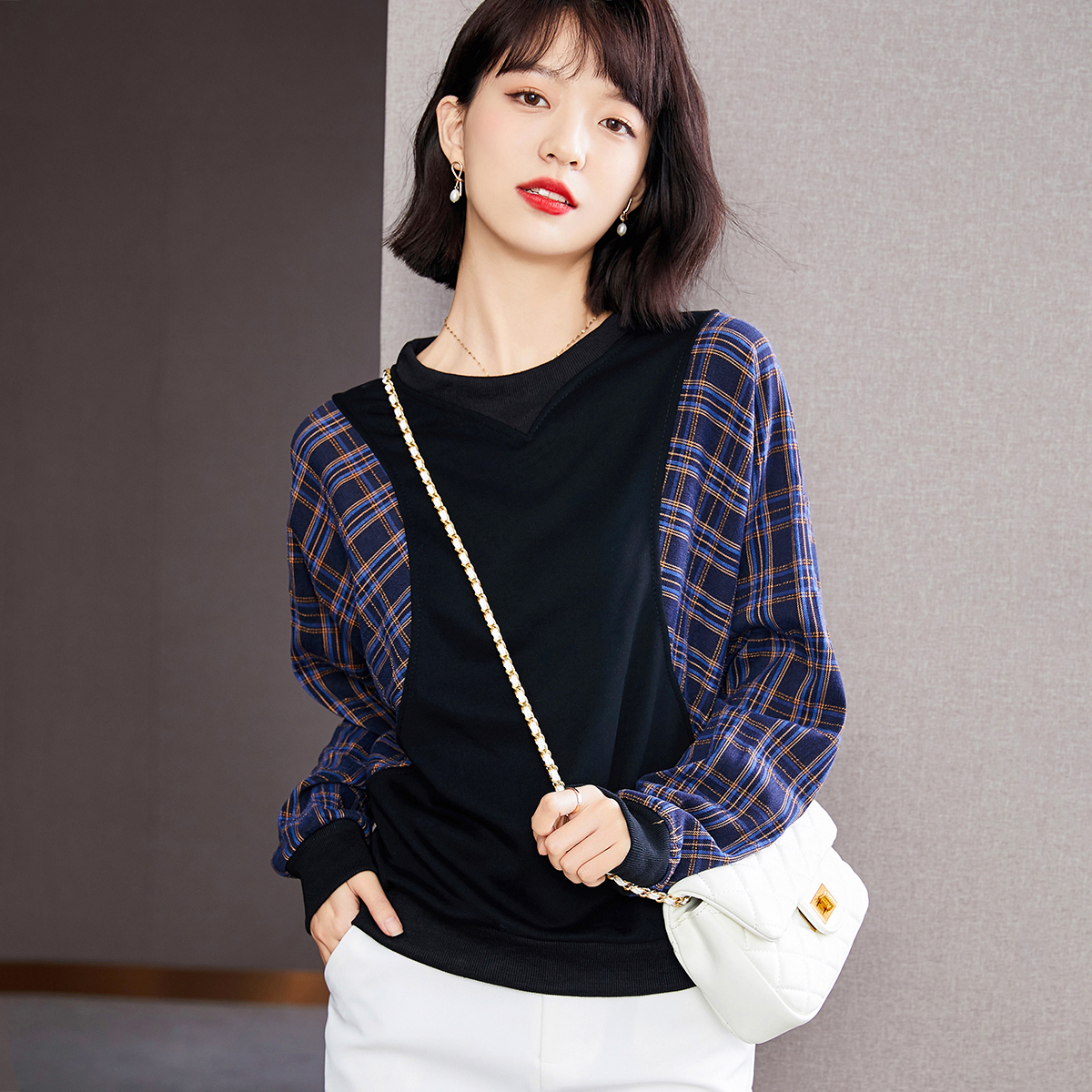 Pullover Pseudo-two plaid hoodie long sleeve splice tops