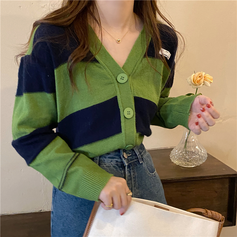 Stripe Korean style sweater green loose coat