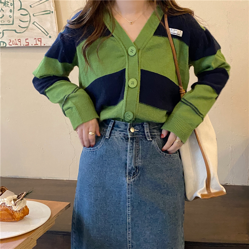 Stripe Korean style sweater green loose coat
