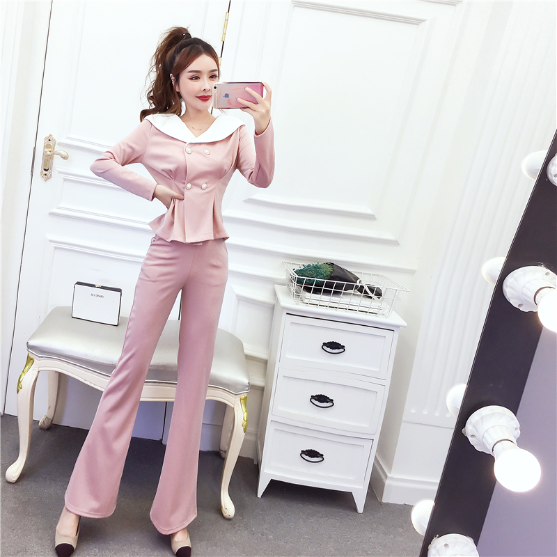 Western style pinched waist autumn slim long pants a set