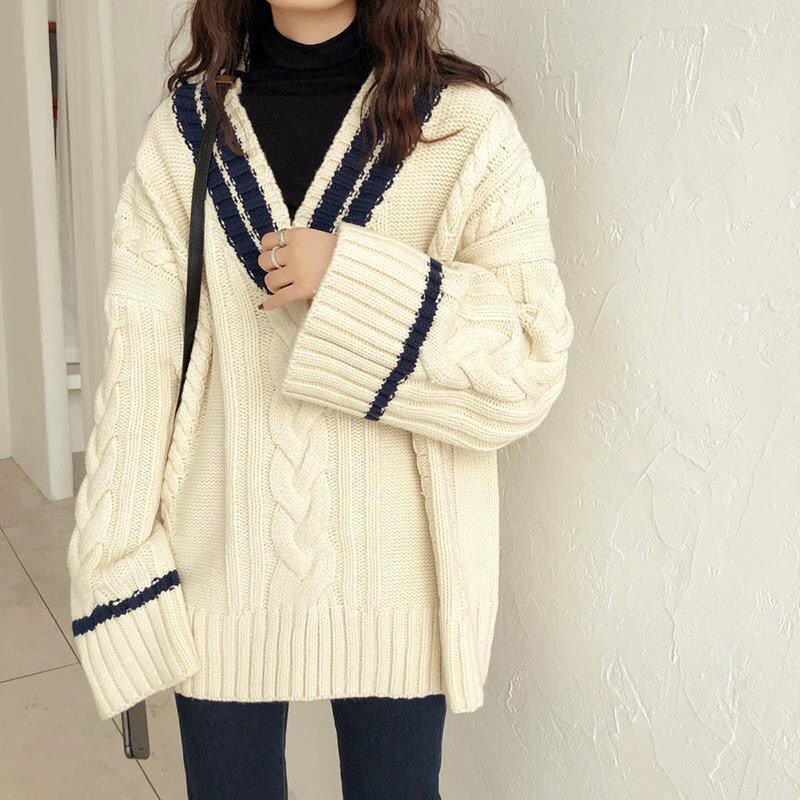 Student college style sweater knitted mixed colors coat for women