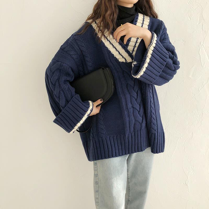 Student college style sweater knitted mixed colors coat for women