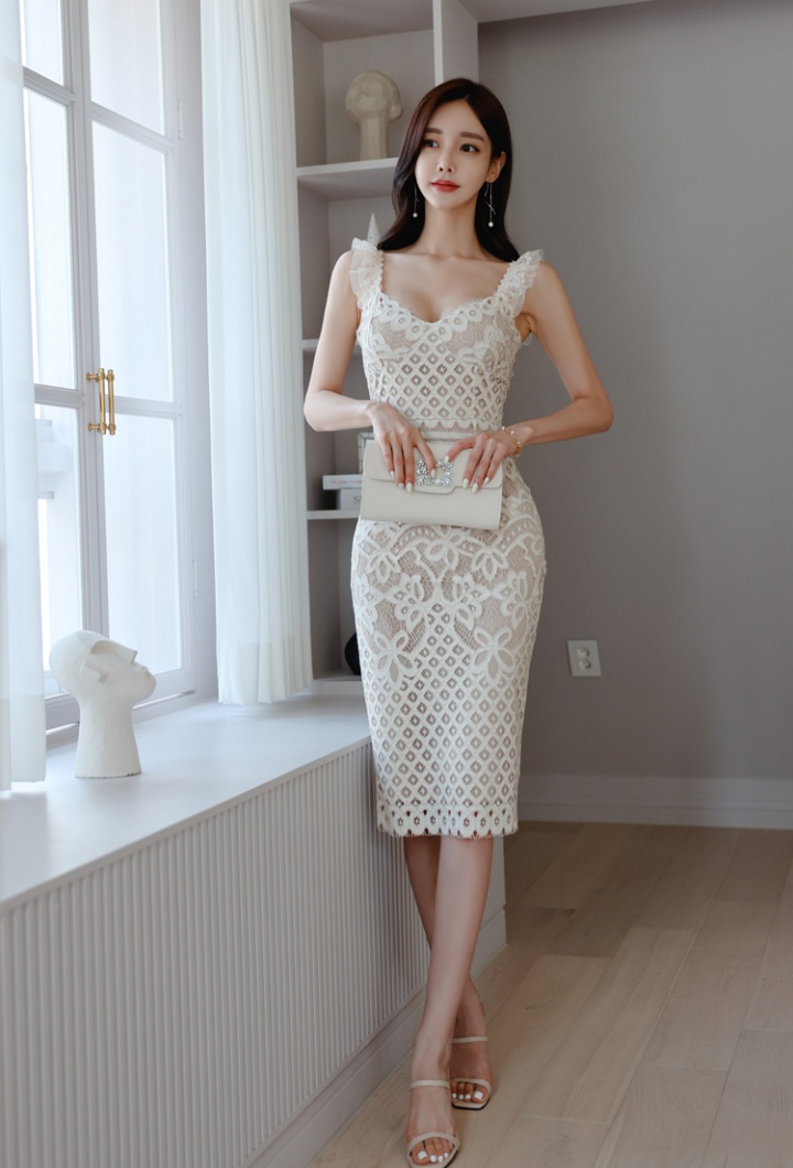 Pinched waist package hip strap dress white hollow dress for women