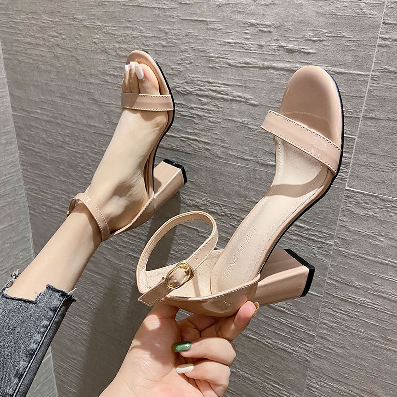Nude color simple sandals thick white high-heeled shoes
