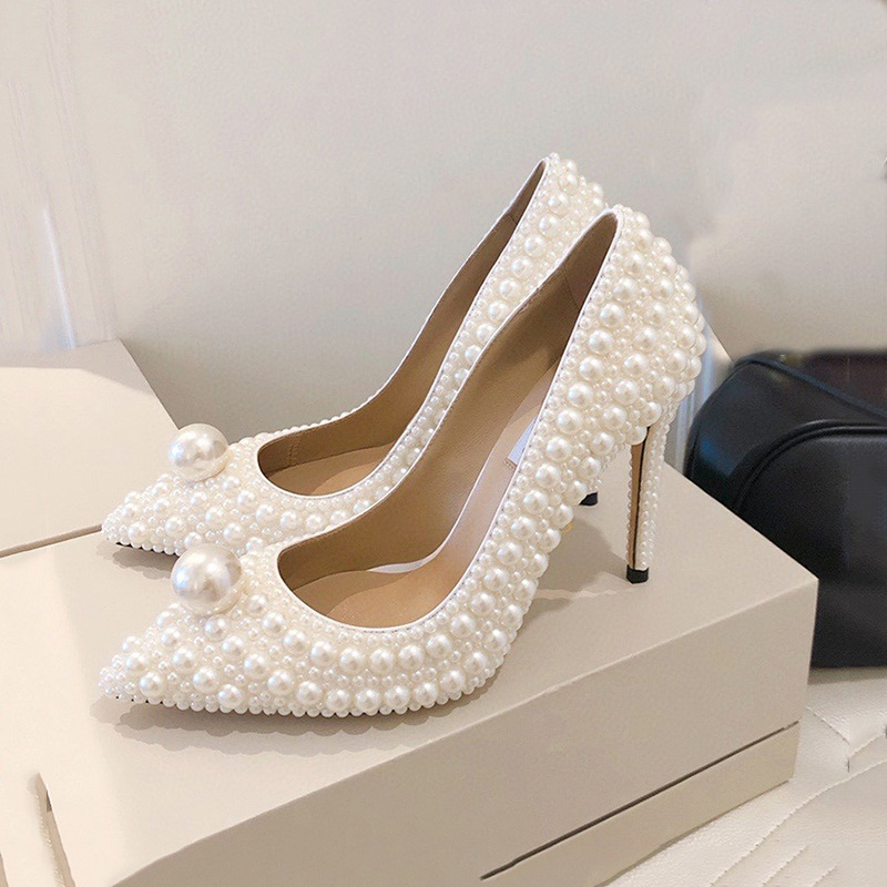 Pointed shoes pearl wedding shoes for women