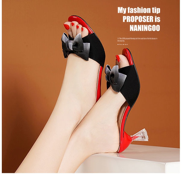 High-heeled bow summer middle-heel slippers for women