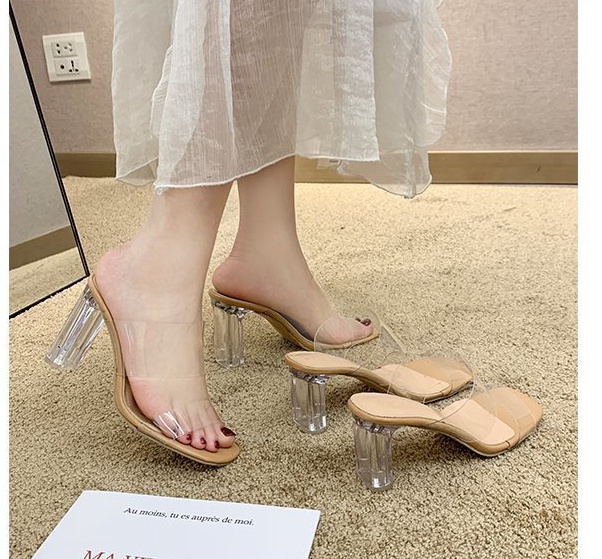 Korean style crystal thick high-heeled slippers for women