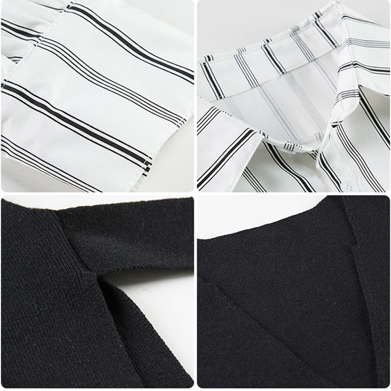 Vertical bars black waistcoat knitted shirt 2pcs set