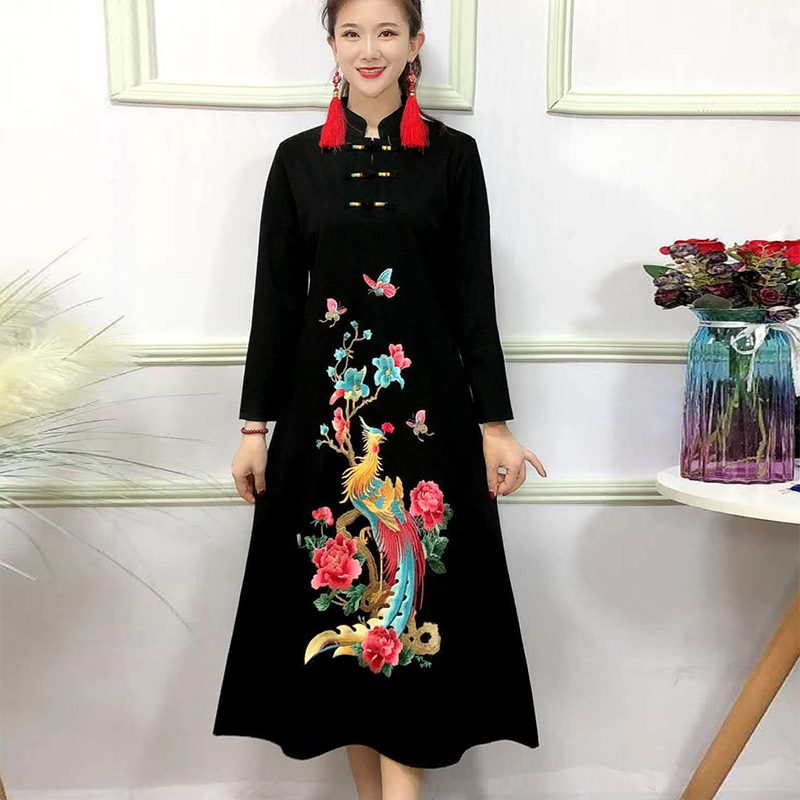 Embroidery retro bottoming cheongsam fine long sleeve dress