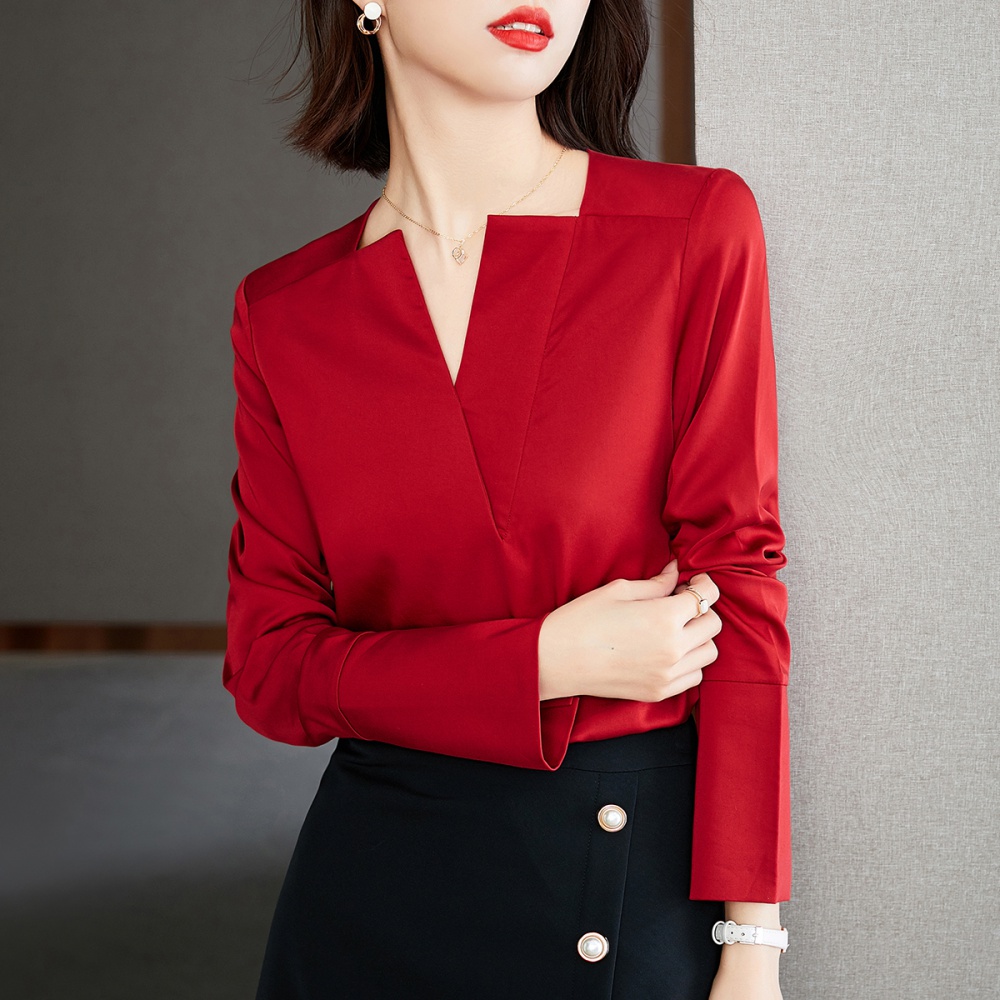 V-neck red small shirt long sleeve shirt for women