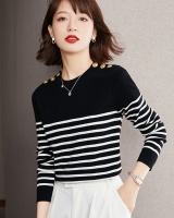 Wool navy style shoulder buckle stripe sweater