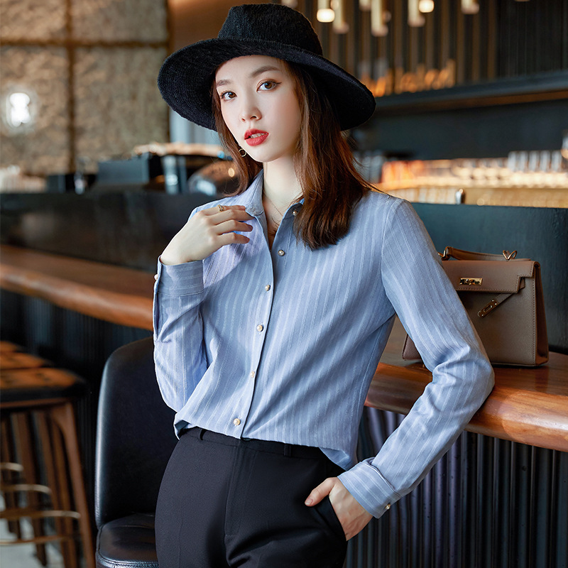 Fashion chiffon stripe shirt autumn blue tops for women