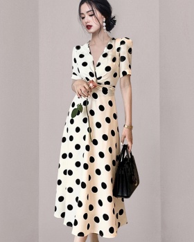 V-neck polka dot long dress France style commuting dress