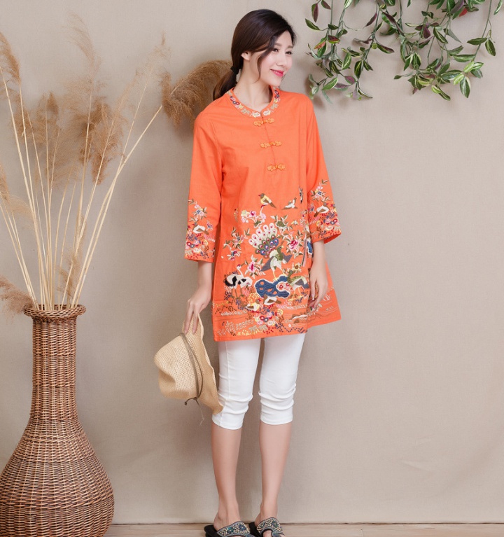 Embroidery nine points sleeve tops national style shirt