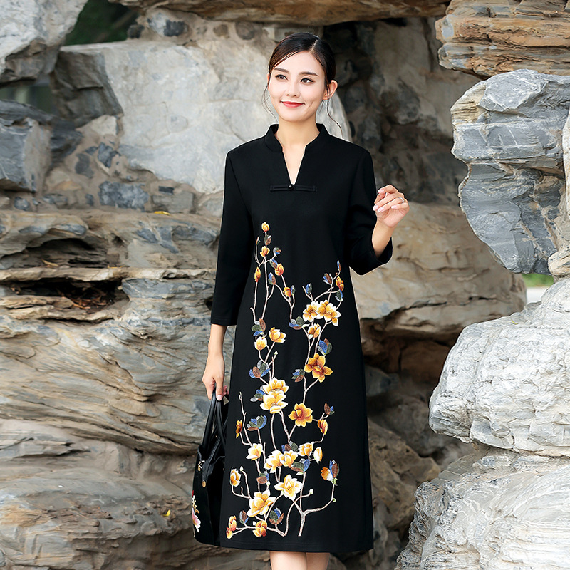 Embroidery autumn large yard national style long dress