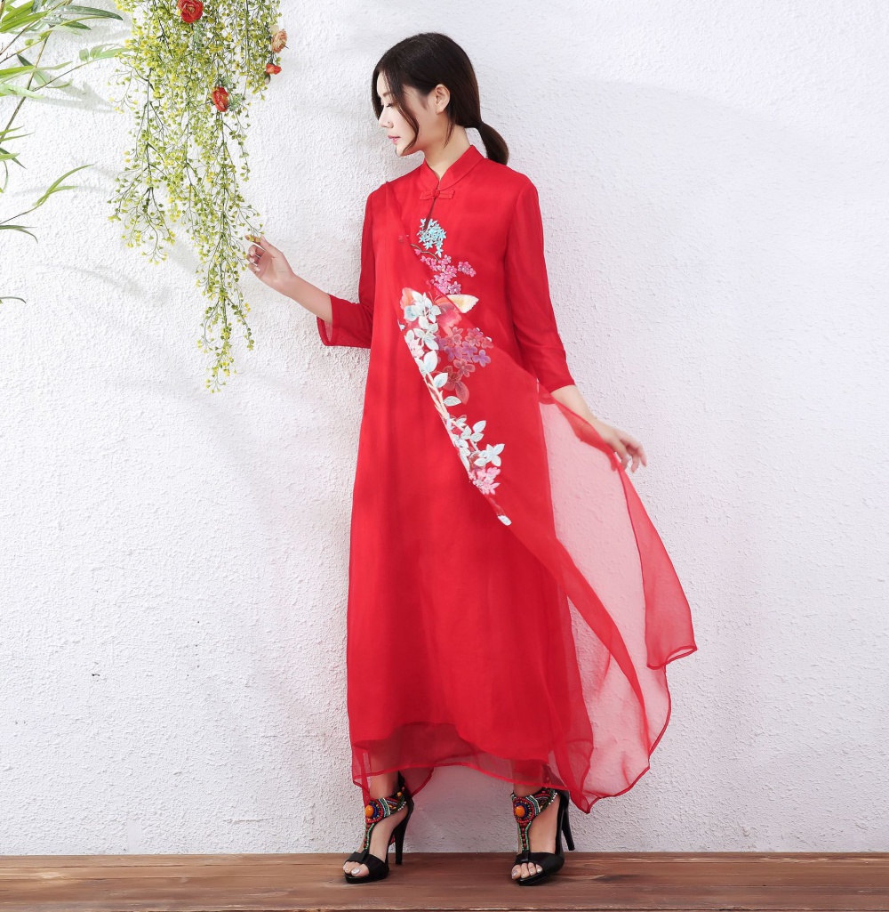 Summer slim short sleeve long embroidered dress for women