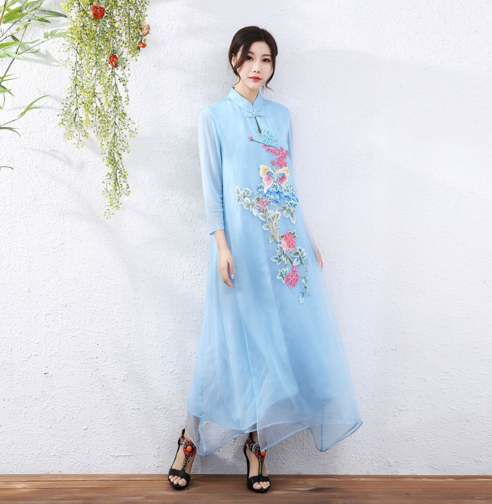 Summer slim short sleeve long embroidered dress for women
