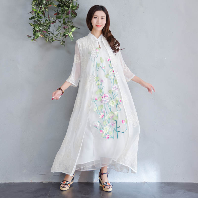 Embroidered national style cardigan organza coat for women