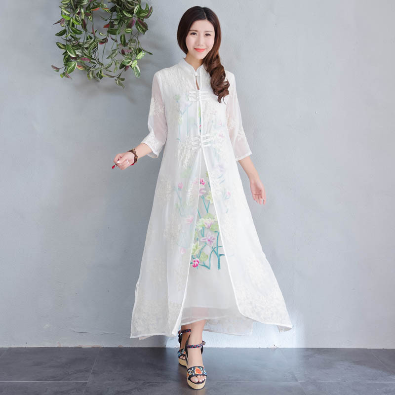 Embroidered national style cardigan organza coat for women