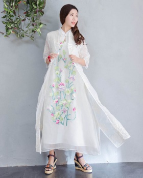 Embroidered national style cardigan organza coat for women