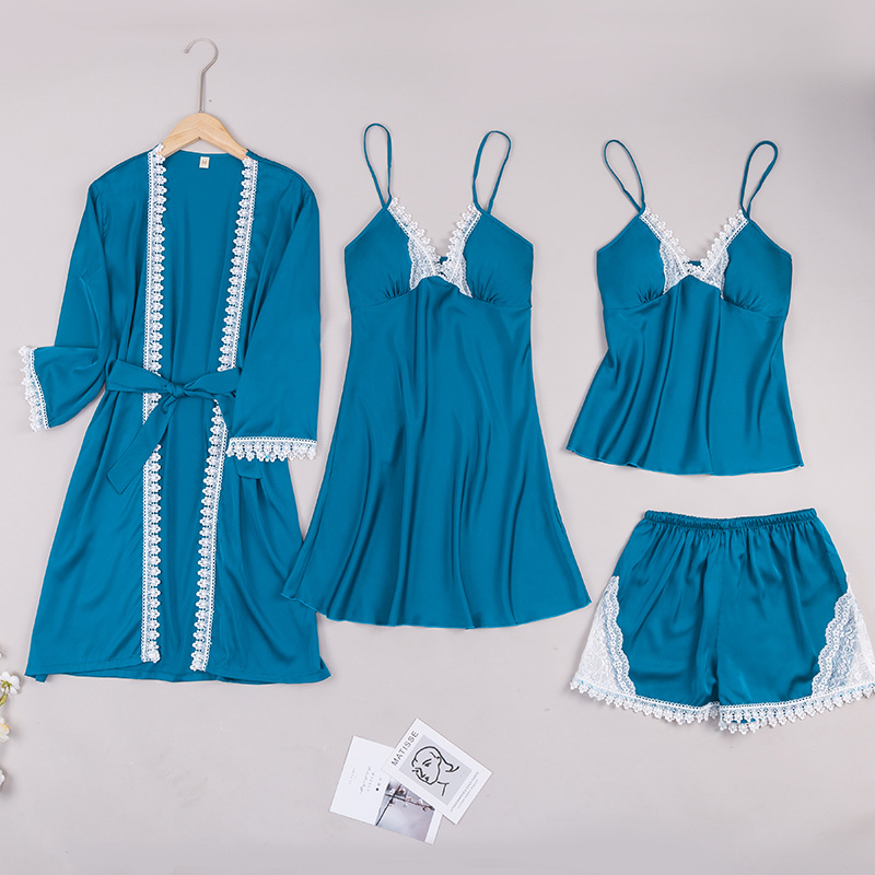 Silk ice silk homewear thin summer sling pajamas 4pcs set