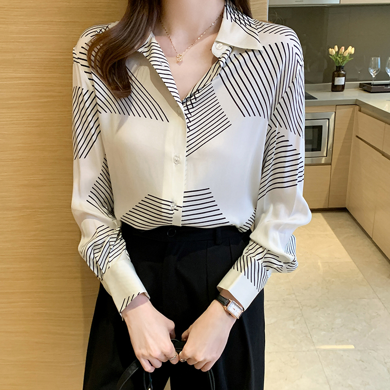 Satin stripe printing shirt France style long sleeve tops