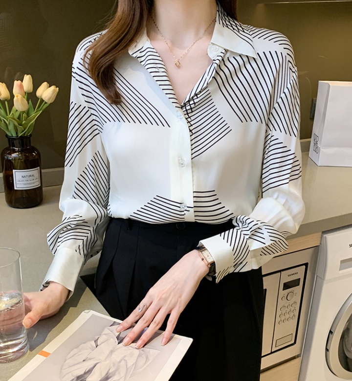 Satin stripe printing shirt France style long sleeve tops