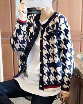 Knitted houndstooth tops loose coat for women