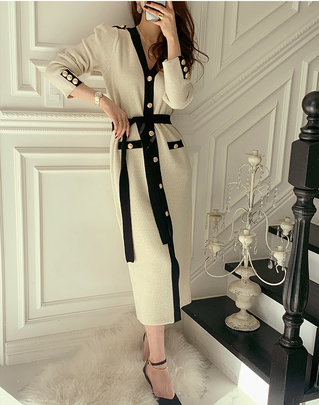 Pinched waist knitted slim spring and autumn long dress