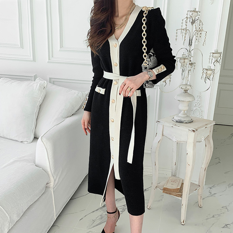 Pinched waist knitted slim spring and autumn long dress
