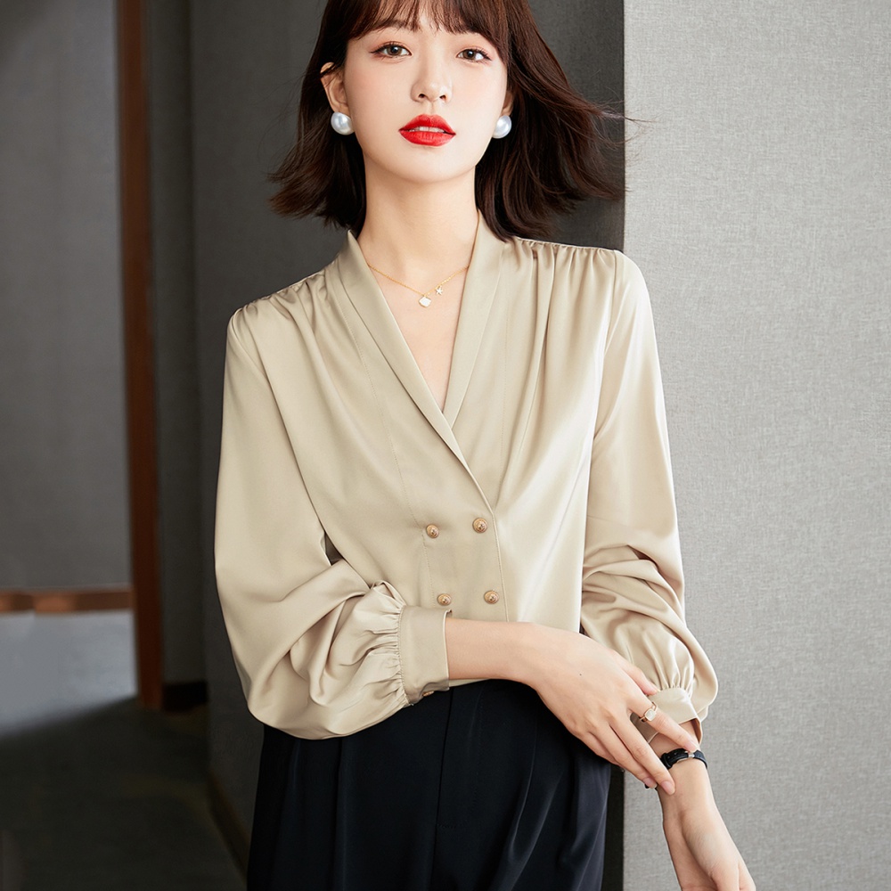 All-match long sleeve shirt double-breasted satin tops