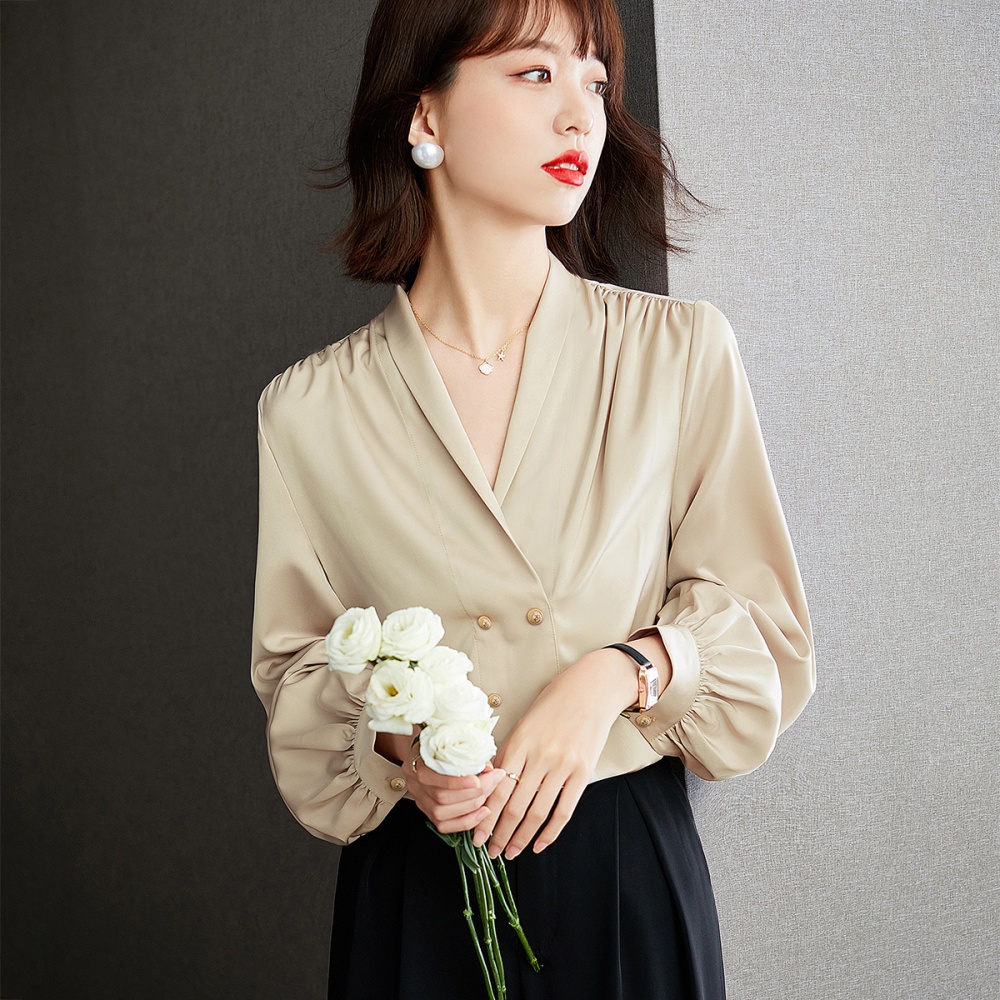 All-match long sleeve shirt double-breasted satin tops