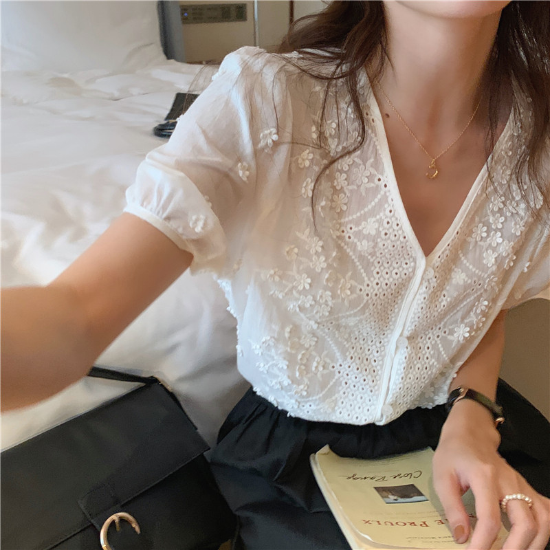 Short sleeve embroidery Korean style hollow shirt