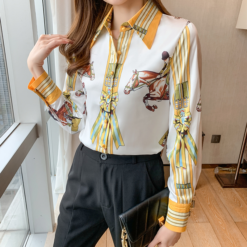 All-match satin printing shirt autumn fashion tops