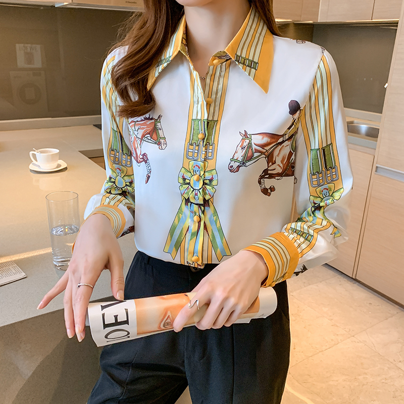 All-match satin printing shirt autumn fashion tops