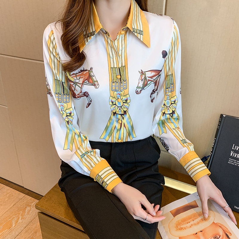 All-match satin printing shirt autumn fashion tops