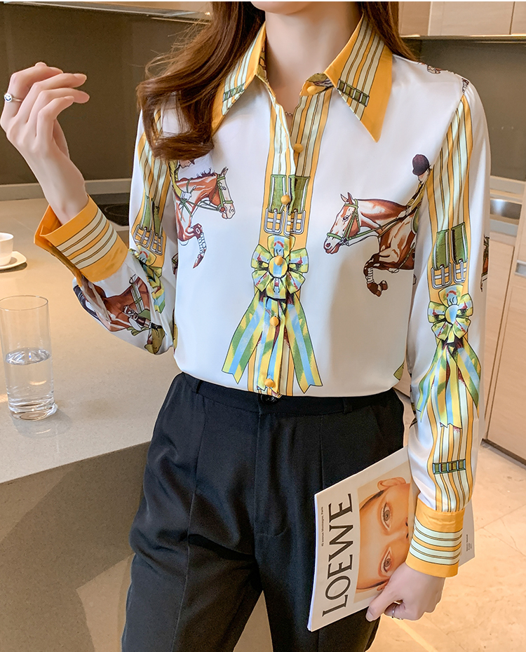 All-match satin printing shirt autumn fashion tops