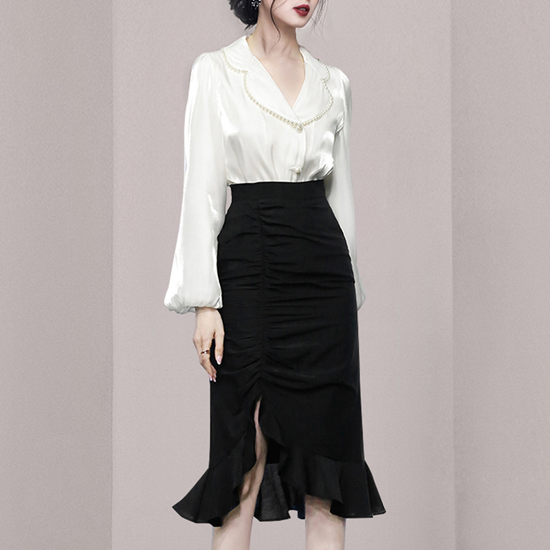 Pearl collar short skirt lotus leaf shirt 2pcs set for women