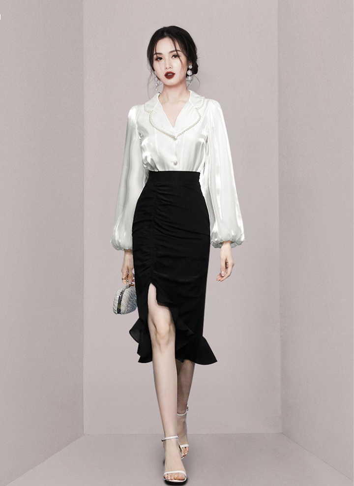 Pearl collar short skirt lotus leaf shirt 2pcs set for women